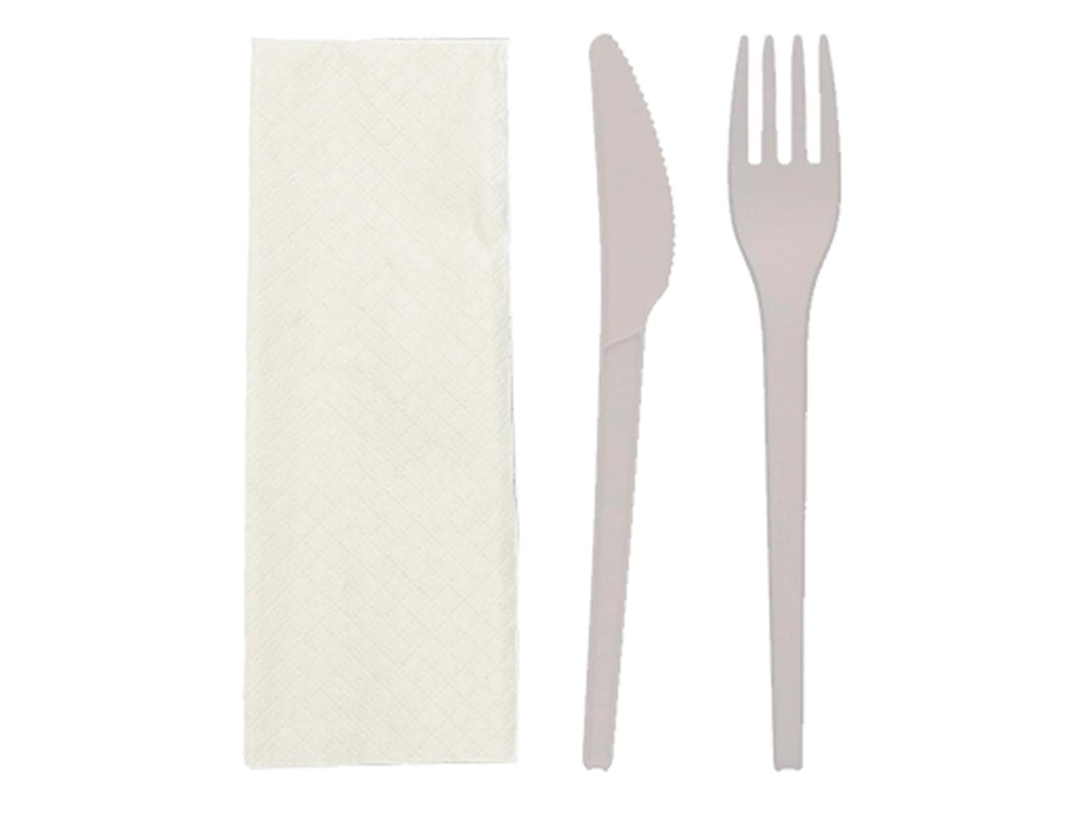 Set di posate coltello + forchetta + tovagliolo, posate in bioplastica CPLA bianca,