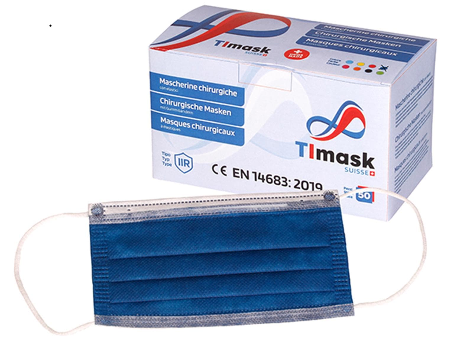 Masques faciaux 3 plis bleu foncé, type IIR, polaire PP, bandes élastiques noires,