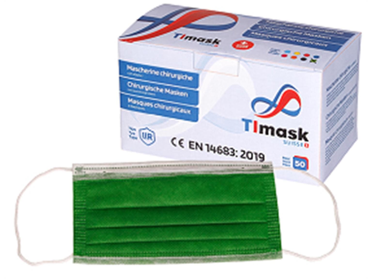 Masques faciaux 3 plis verts, Type IIR, polaire PP, bandes élastiques blanches,