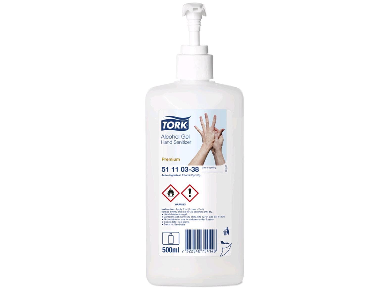 Gel désinfectant pour les mains Tork Premium (S1) flacon de 500 ml, incolore, avec distributeur à pression