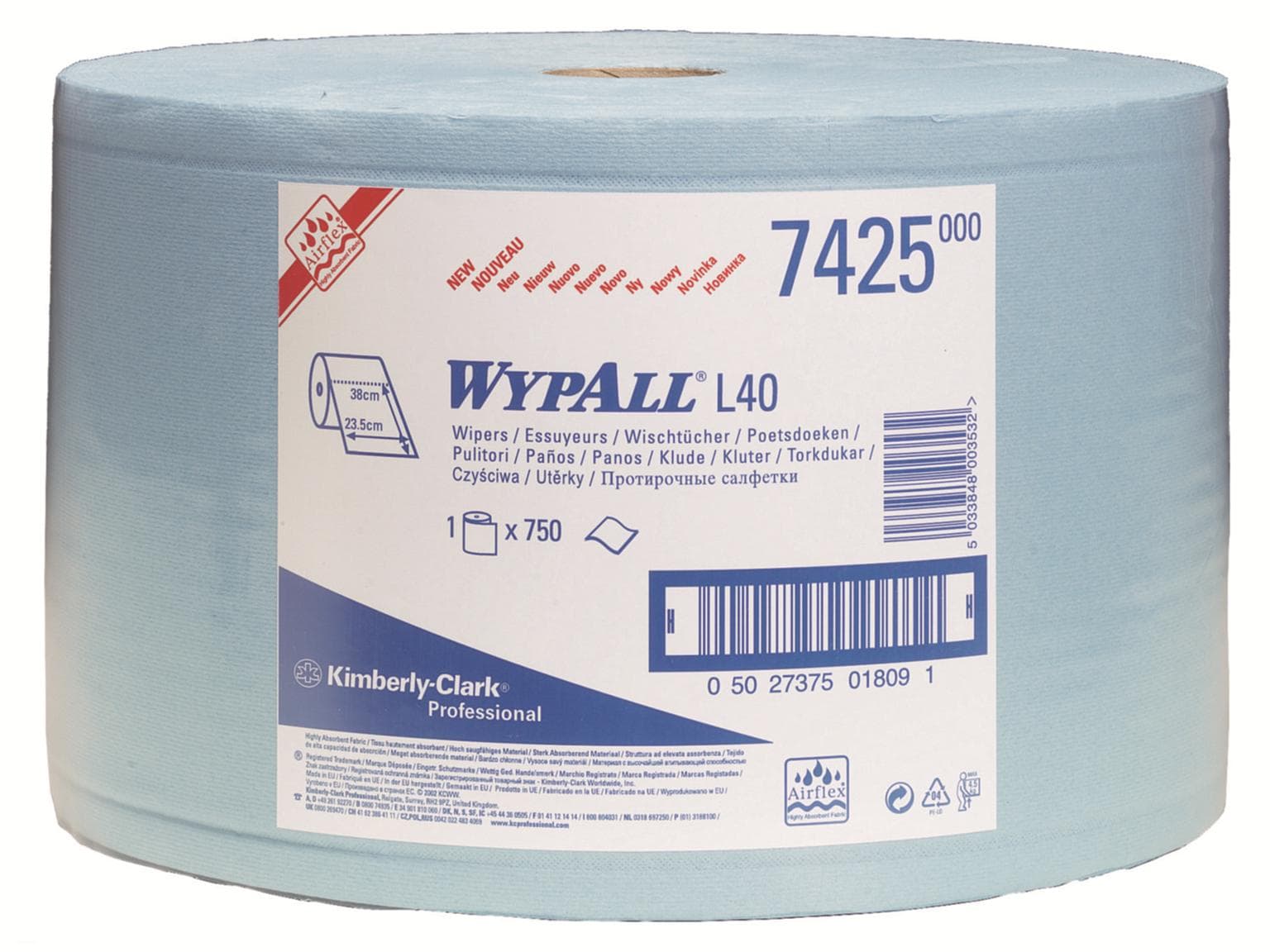 Rouleaux de chiffons de nettoyage Wypall L40 bleu 3 plis 23,5 x 38 cm, perforés, 750 chiffons