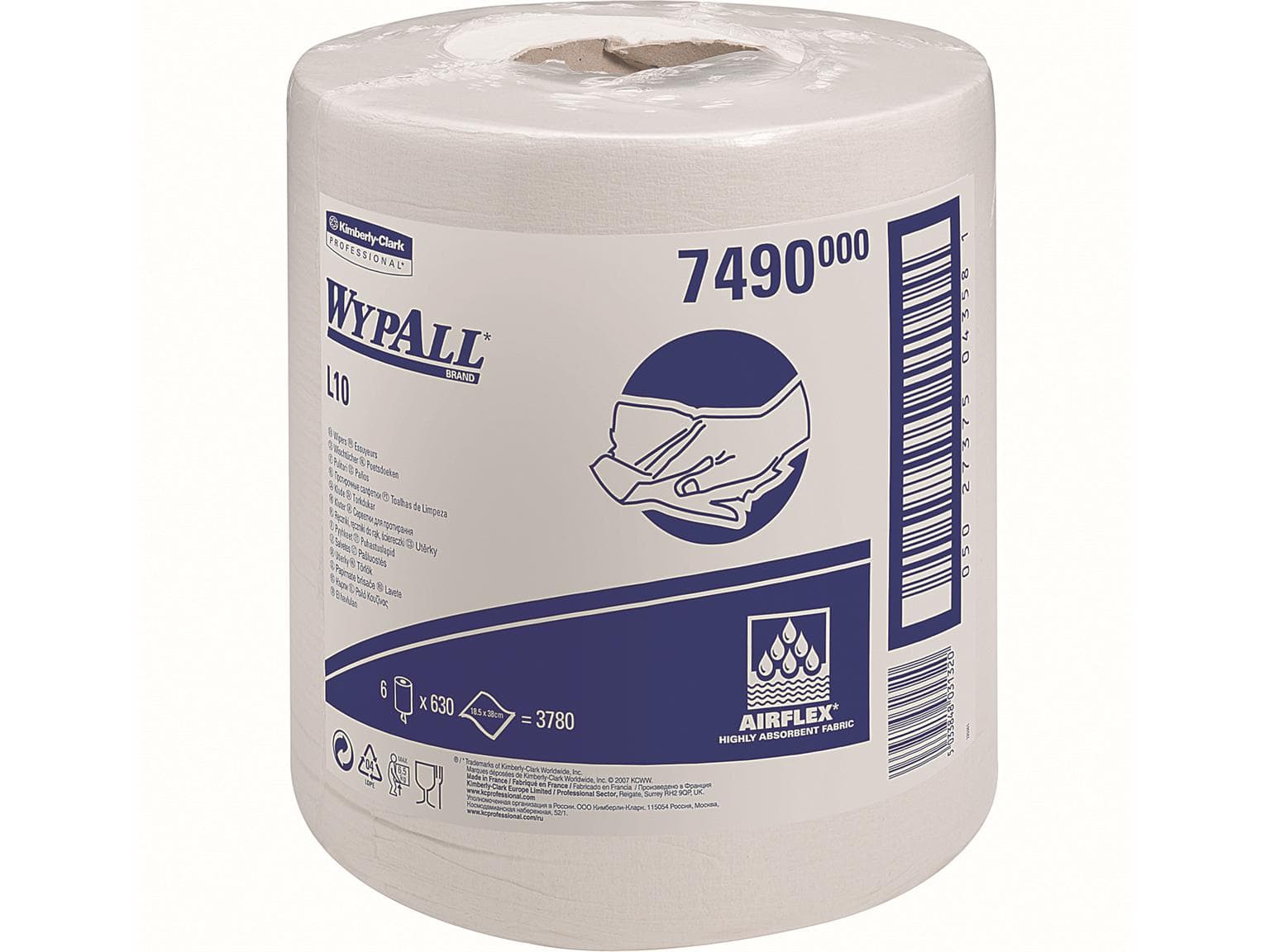 Rouleaux de chiffons de nettoyage Wypall L10 blanc 1 pli 18,3 x 38 cm, 100 % recyclés 630 chiffons