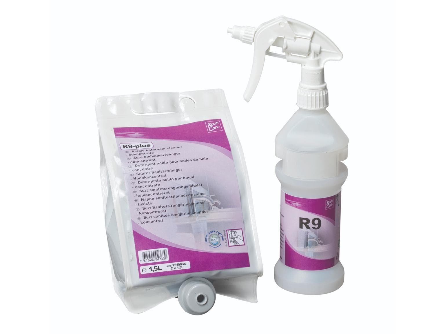 Detergente per la manutenzione dei sanitari TASKI RoomCare R9-plus, 2 flaconi da 1,5 l