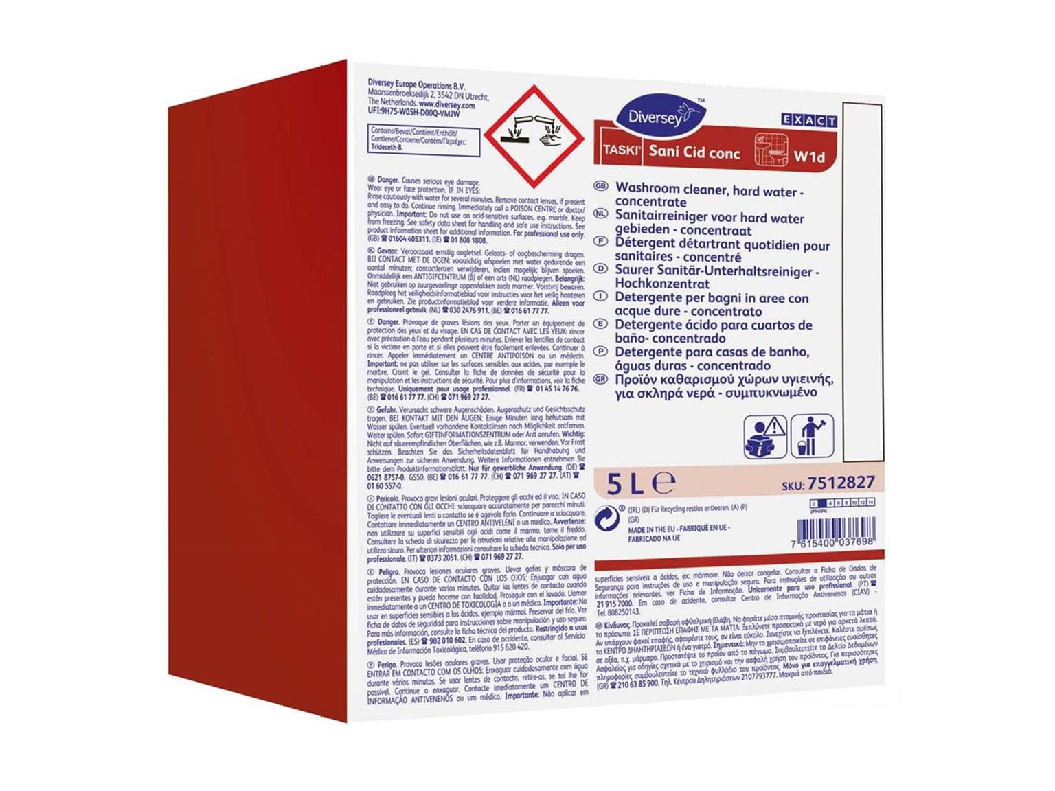 Detergente per la manutenzione dei sanitari TASKI Sani Cid conc. W1d, 5L Cubitainer