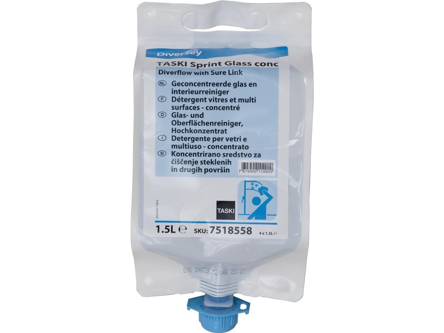 Detergente per vetri e superfici TASKI Sprint Glass conc, 4 sacchetti da 1,5 L