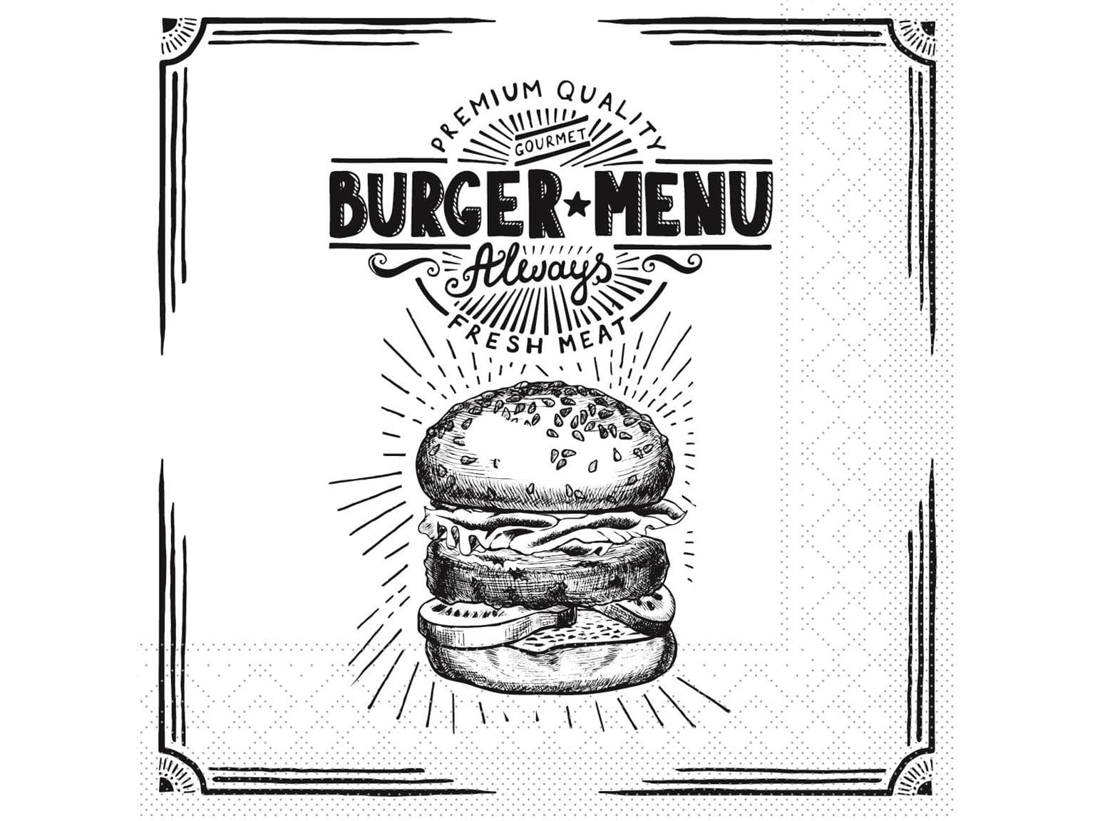 Tovaglioli in tessuto 3 veli, 33 x 33 cm, piegati in 1/4, Menu Burger