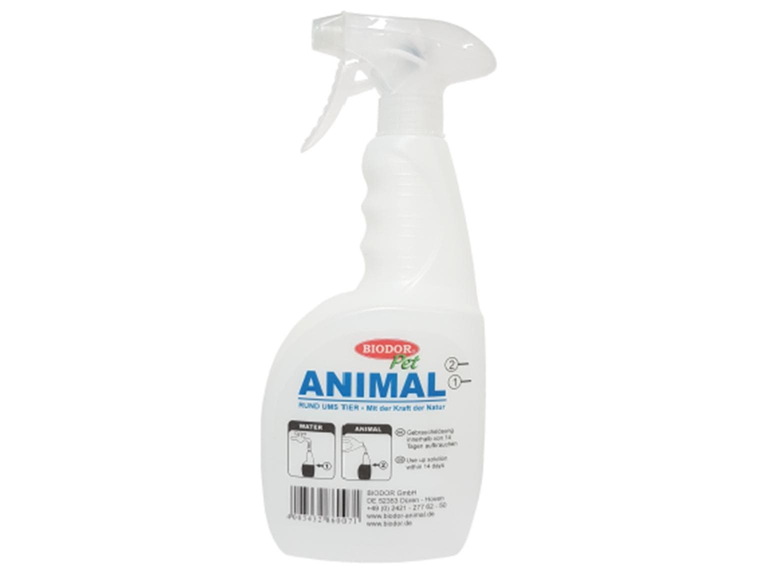 Flacone spray BIODOR 750 ml, trasparente, con etichetta Animal, vuoto,