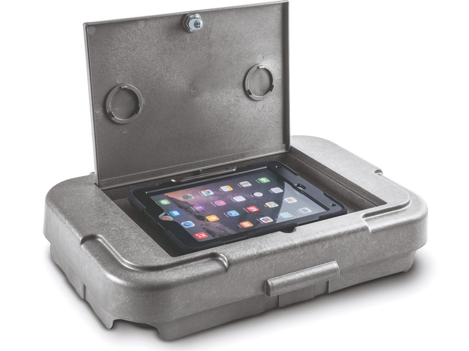 Kit de fixation pour poubelle avec compartiment de rangement pour tablettes dans le couvercle de la poubelle, gris
