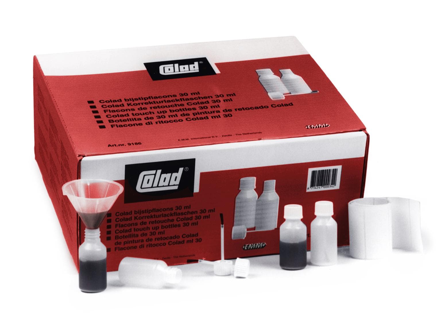 Flacons à pinceau Colad 30 ml, contenu du carton 100 flacons à pinceau, 1 entonnoir