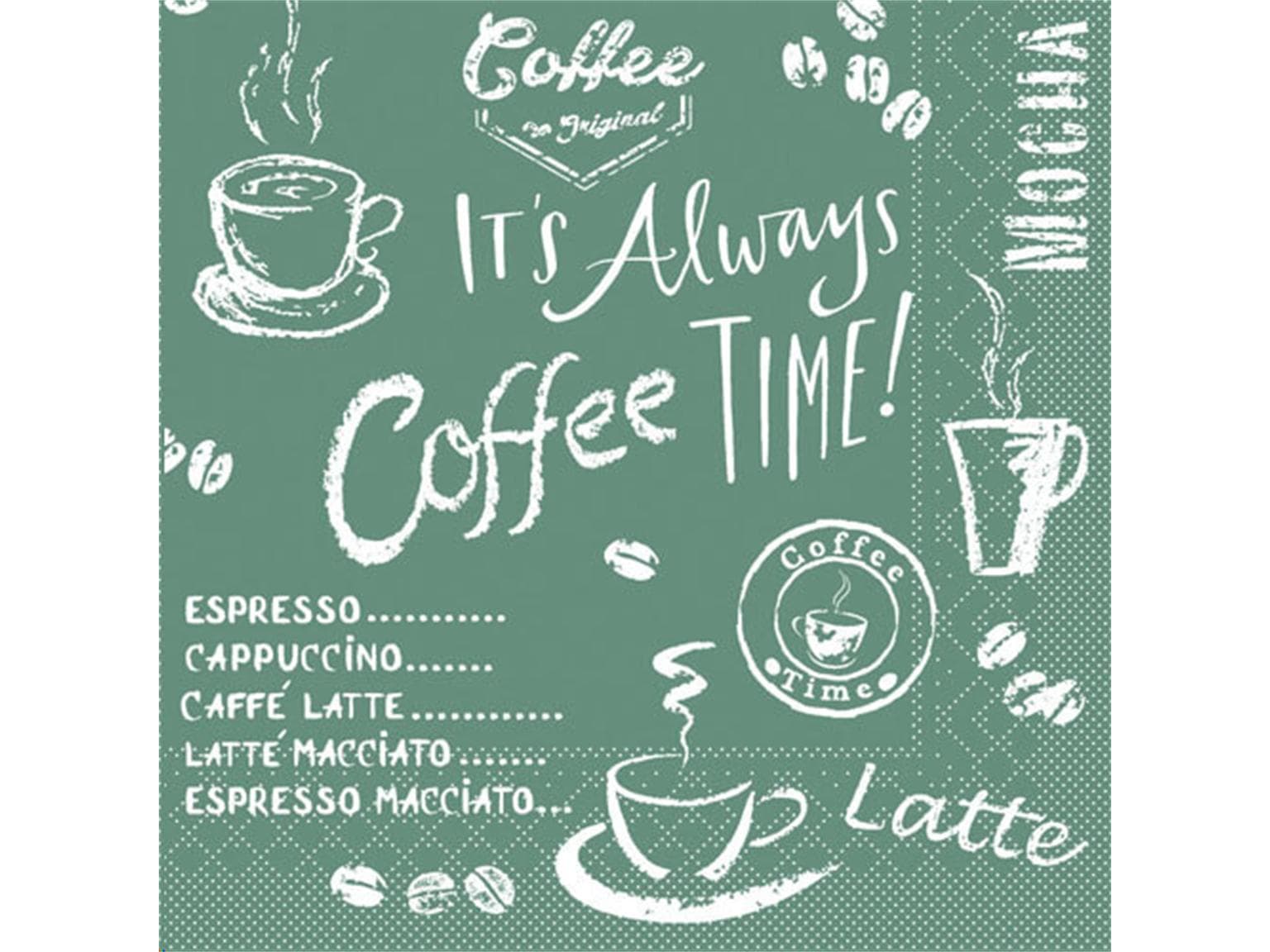 Tovaglioli in tessuto 3 veli, 33 x 33 cm, piegati in 1/4, Coffee time (antracite)