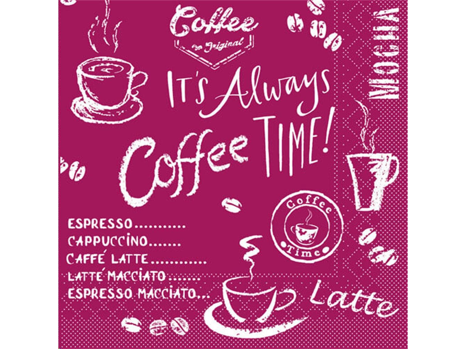Tovaglioli in tessuto 3 veli, 33 x 33 cm, piegati in 1/4, Coffee time (bordeaux)