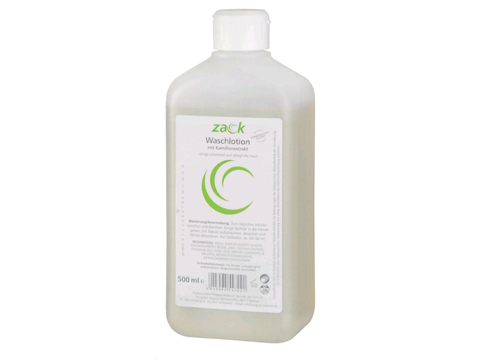 Lozione detergente Zack, con estratti di camomilla, pH neutro per la pelle, deterge delicatamente