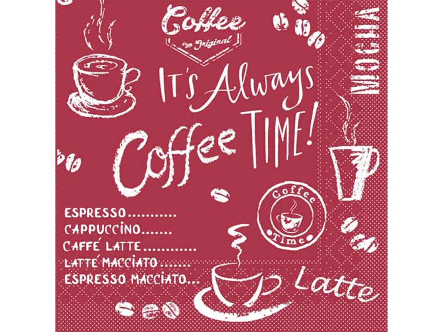 Tovaglioli in carta velina, 3 veli, 24 x 24 cm, piegati in 1/4, Coffee Time (bordeaux)