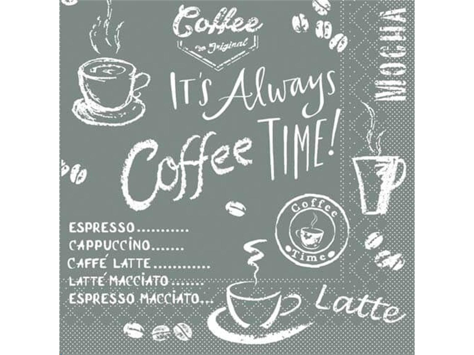 Tovaglioli in carta velina, 3 veli, 24 x 24 cm, piegati in 1/4, Coffee Time (antracite)