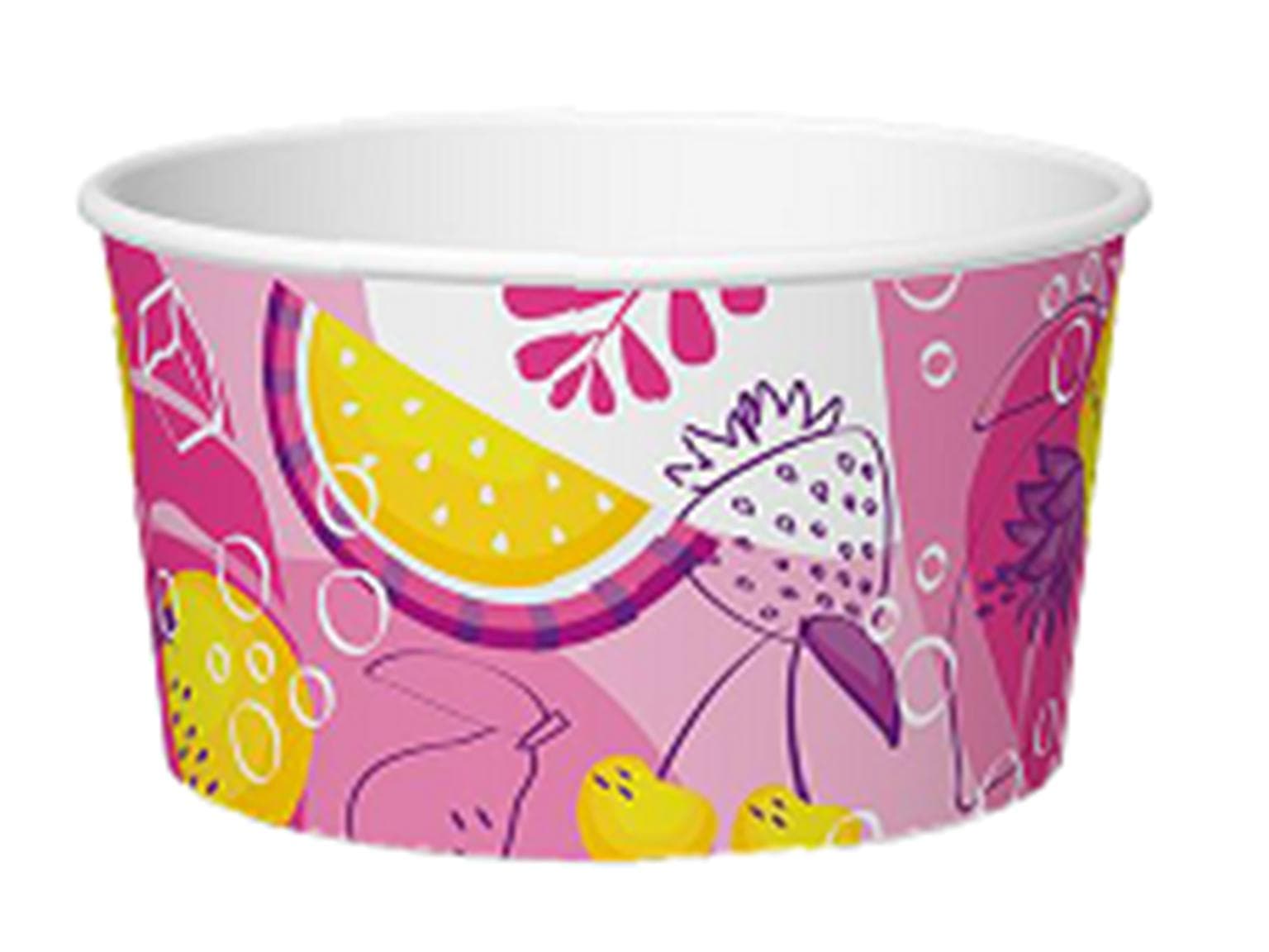 Coppetta gelato 90 cc (ø 73 mm, altezza 40 mm), in cartone, con stampa standard rosa/giallo
