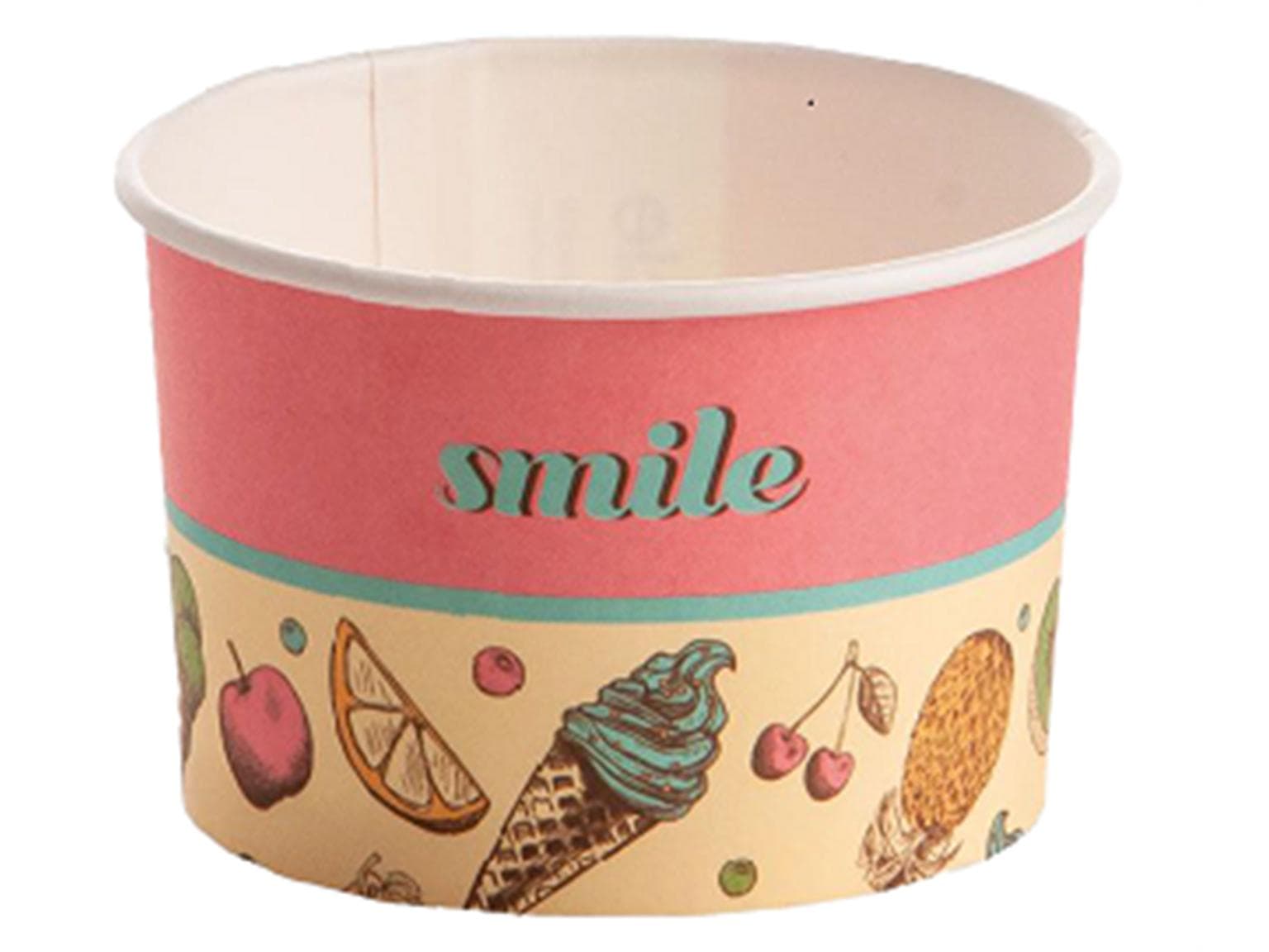 Coupe à glace 120 cc (ø 73 mm, hauteur 47 mm), en carton, impression standard framboise (sourire)