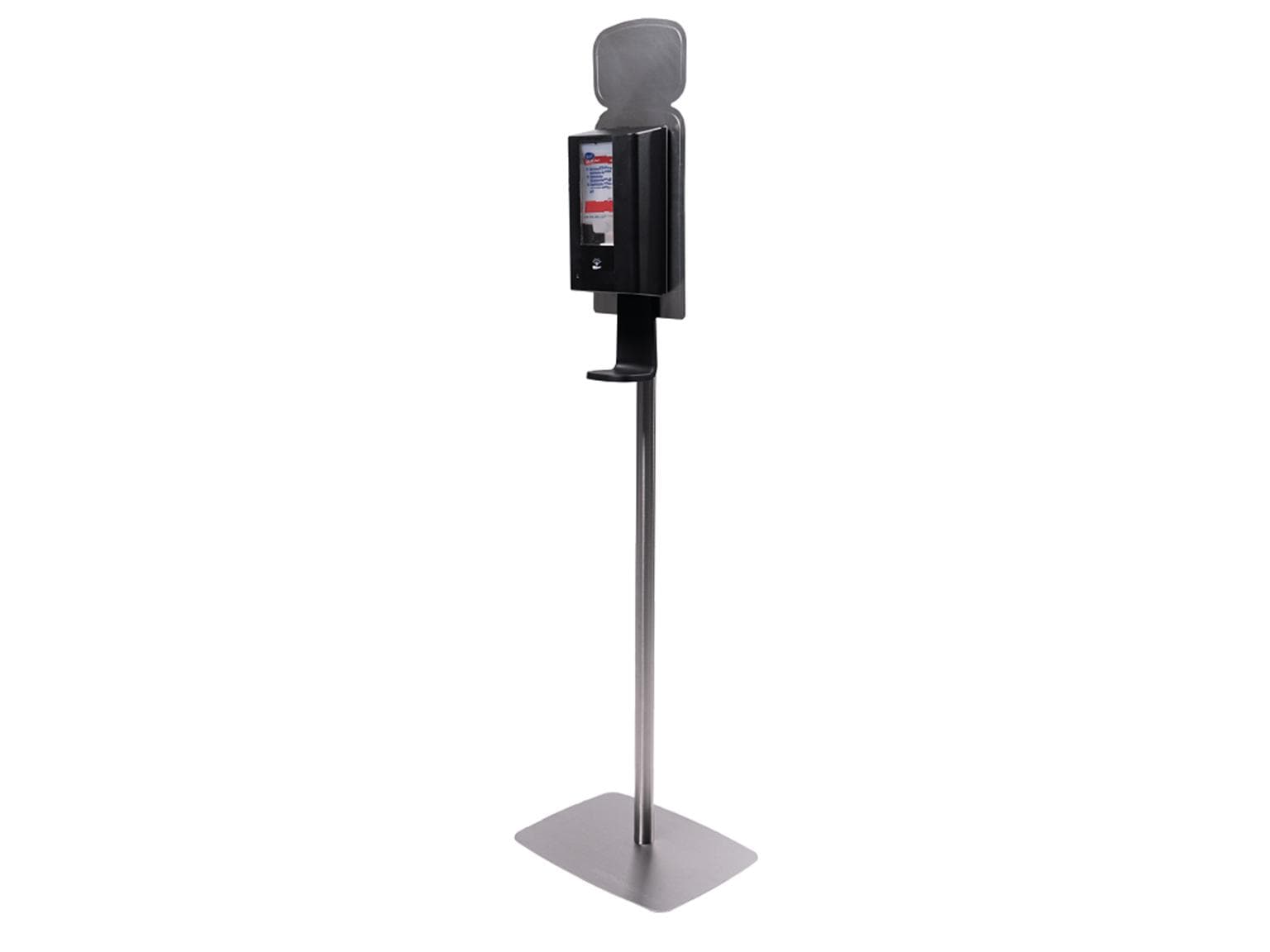 Colonne de désinfection avec distributeur à capteur, support en acier inoxydable et panneau d'information