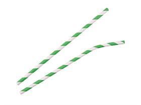 Pailles en papier avec courbure, ø 6 mm, longueur 195 mm, couleur vert/blanc