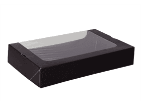 Sushi-Box mit Sichtfenster aus Vollpappe schwarz/schwarz, 250 x 160 x 45 mm, Gr.L