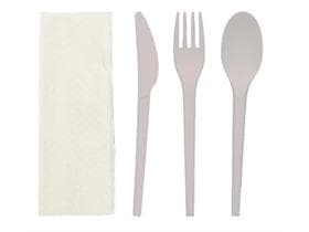 Set di posate coltello + forchetta + cucchiaio e tovagliolo, posate in bioplastica