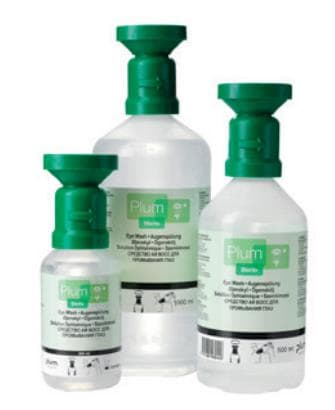 Bain oculaire 500 ml, solution stérile de chlorure de sodium (0,9%), temps de rinçage environ 5 min.
