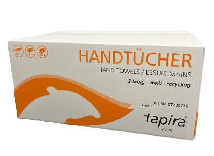 Asciugamani di carta TAPIRA Plus bianchi piegati a V, 100% riciclati, 2 veli