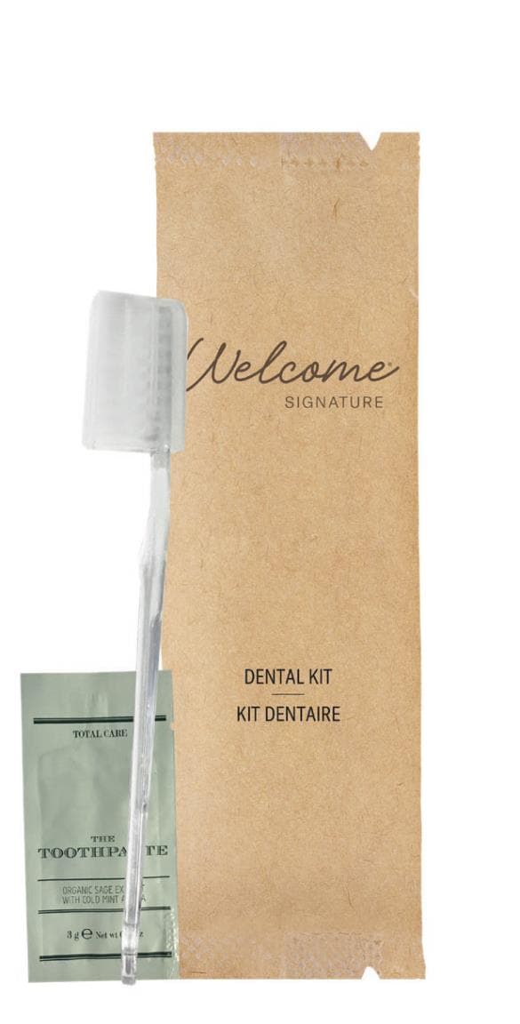 Set per la cura dei denti Welcome con spazzolino trasparente e dentifricio da 5 g