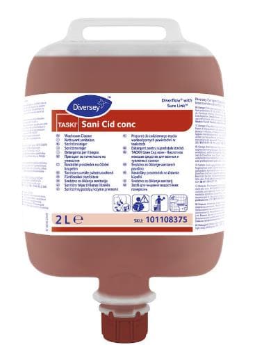 Detergente igienizzante per la pulizia periodica TASKI Sani Cid conc, 3 x 2L sacchetti.