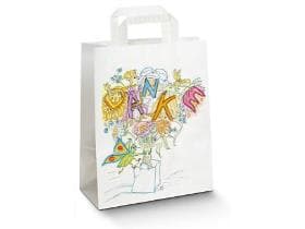 Sacchetti di carta Kraft bianchi 80 gm2, "Grazie", 260 x 100 x 330 mm, con 5 pieghe