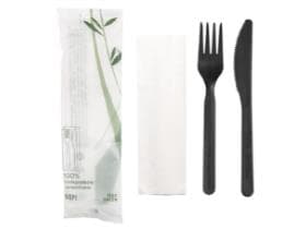 Set di posate coltello + forchetta + tovagliolo, posate in bioplastica CPLA nera,