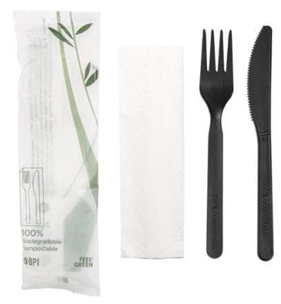 Set di posate coltello + forchetta + tovagliolo, posate in bioplastica CPLA nera,