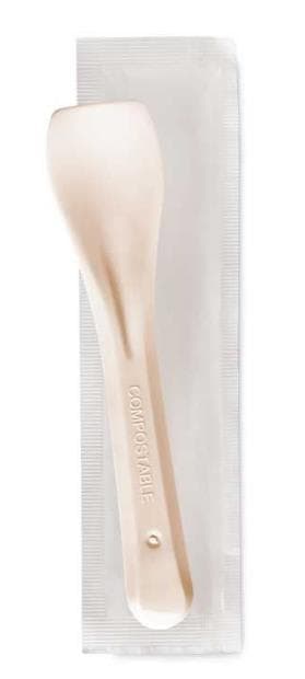Cucchiaio per gelato in plastica biodegradabile, beige lunghezza 95 mm, confezionato singolarmente.