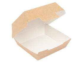 Scatola per hamburger quadrata in cartone ondulato marrone nano micro, interno bianco.