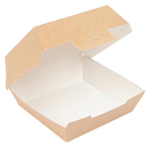 Hamburgerbox eckig aus braunem Nano Micro Wellkarton, innen weiss,