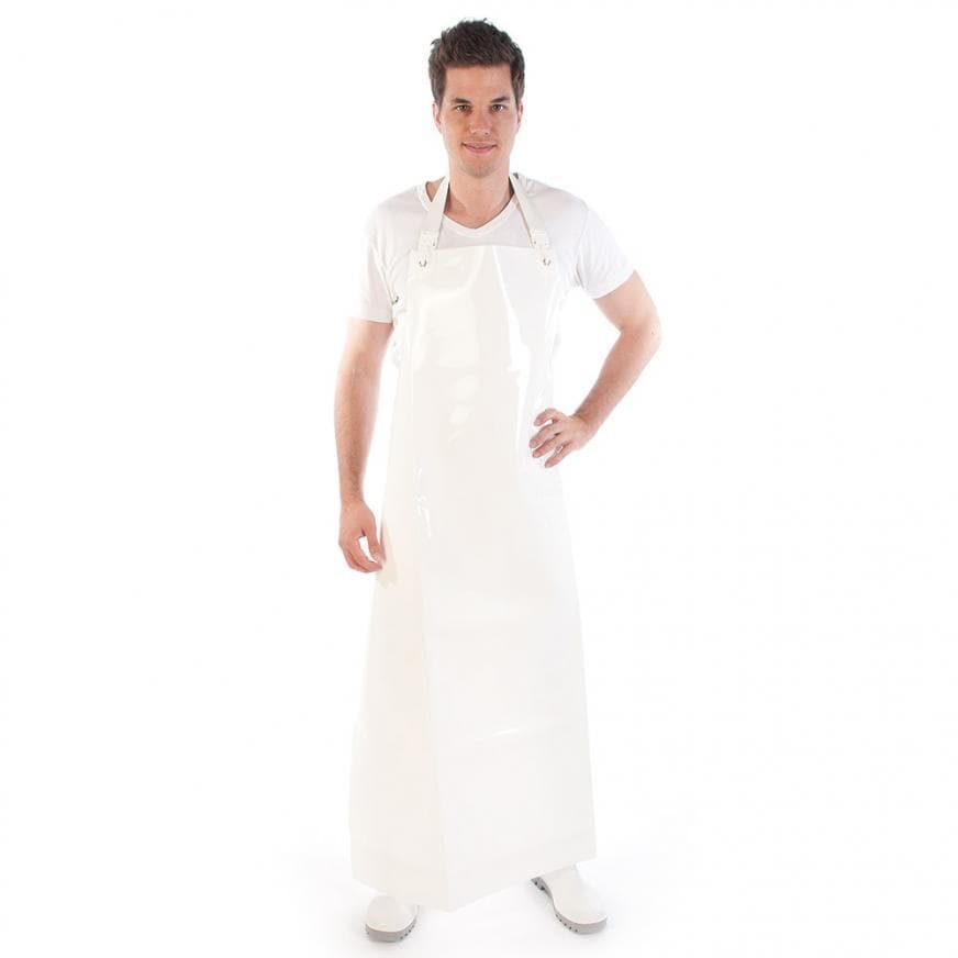 Tablier bavette en PU, 300 my, 120 x 90 cm, blanc, imperméable, surface lisse