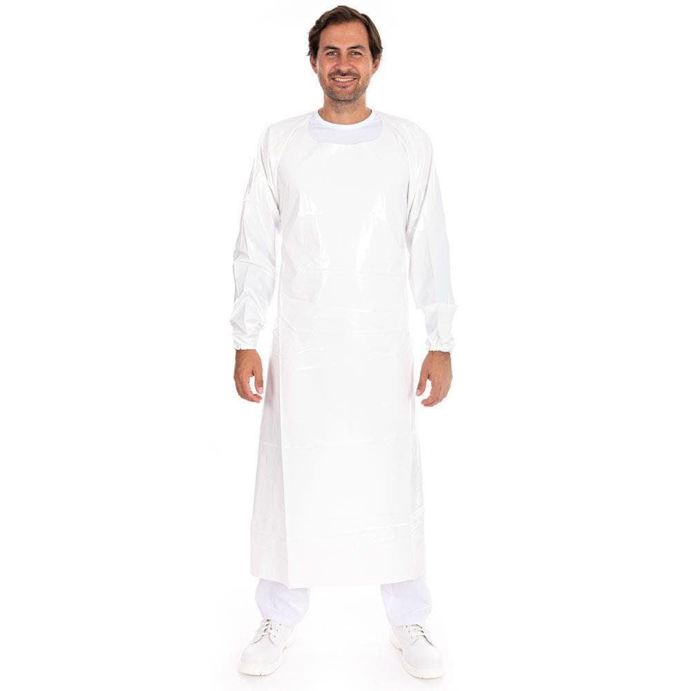 Grembiule manica in TPU, 150 my, 140 x 90 cm, bianco, impermeabile, superficie liscia