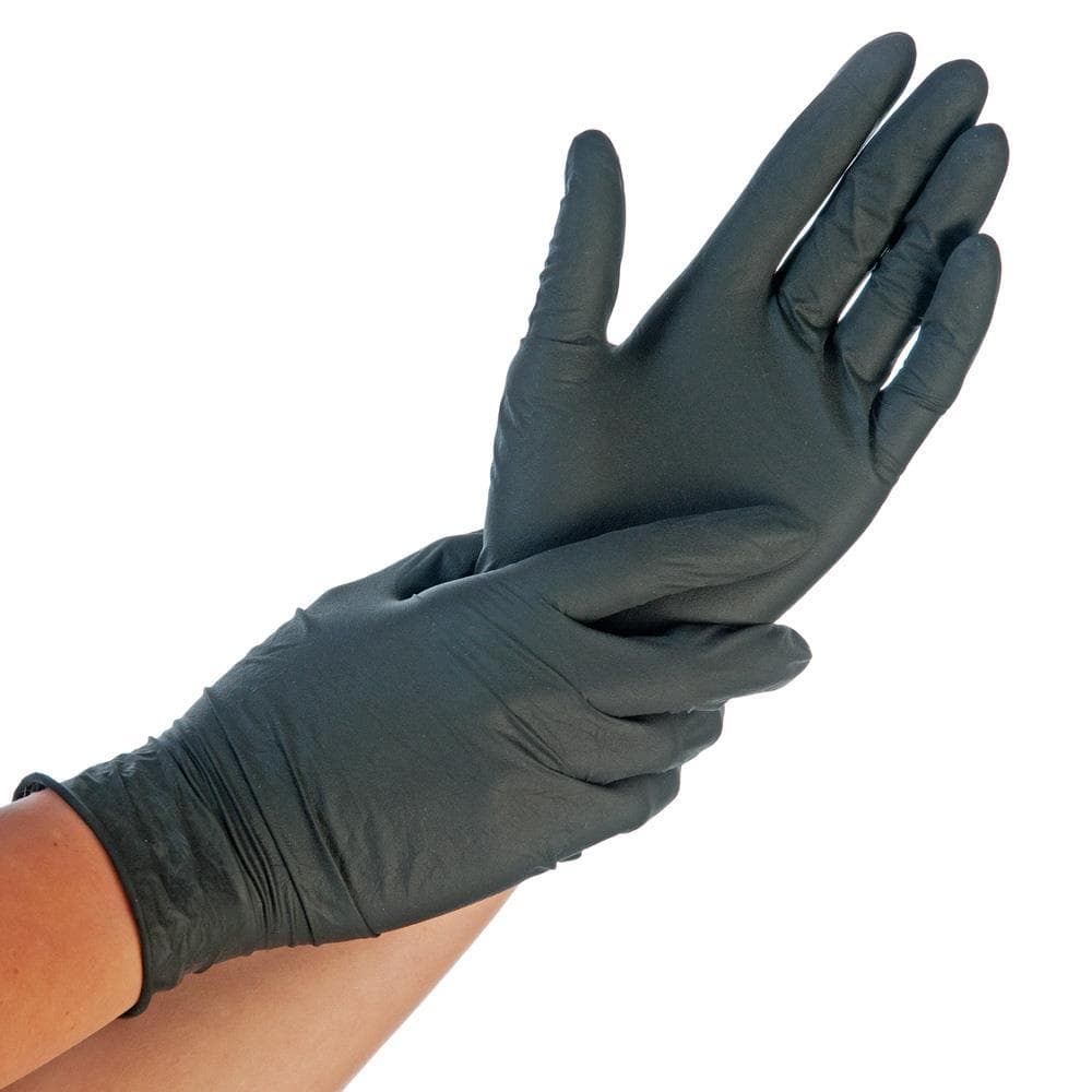 Guanti in nitrile "Extra Safe" neri senza polvere, taglia XL, lunghi 24 cm.