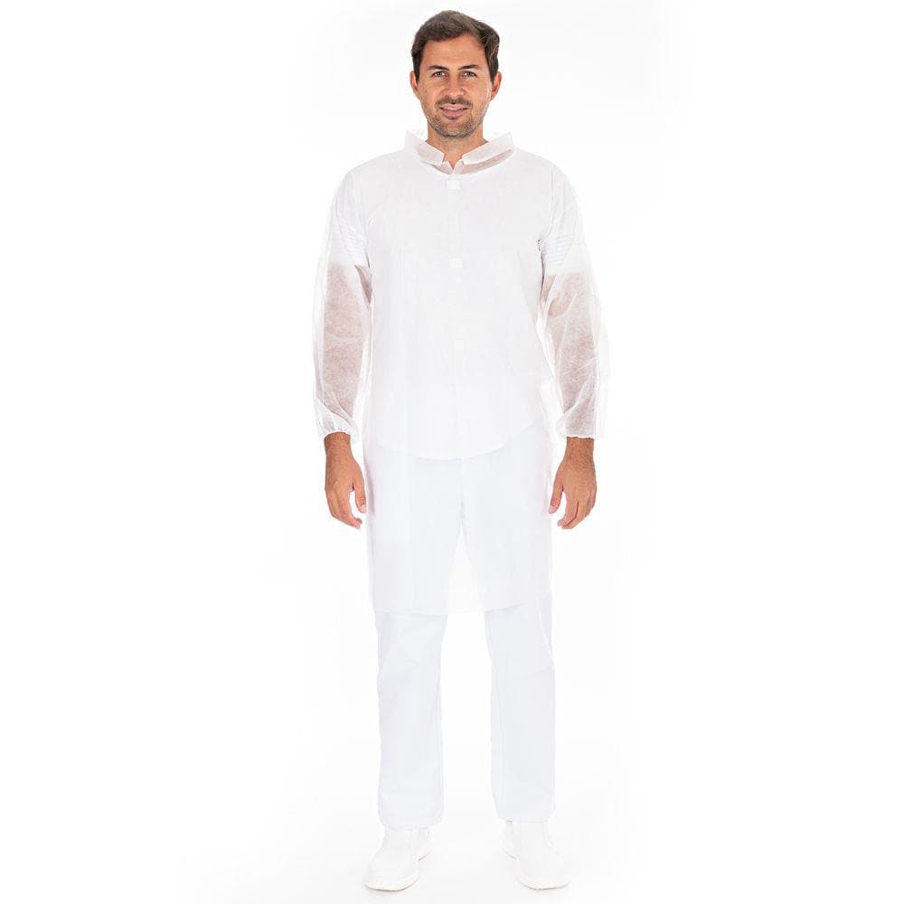 Blouse visiteur en non-tissé PP 30g/m², taille XXL blanc, longueur 110 cm, tour de poitrine : 140 cm.