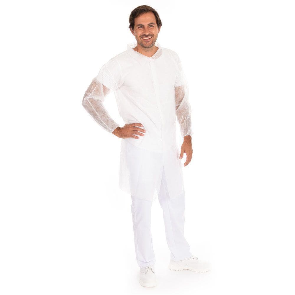 Manteau visiteur Eco, polaire PP, taille L blanc, avec boutons-pression, longueur 105 cm,