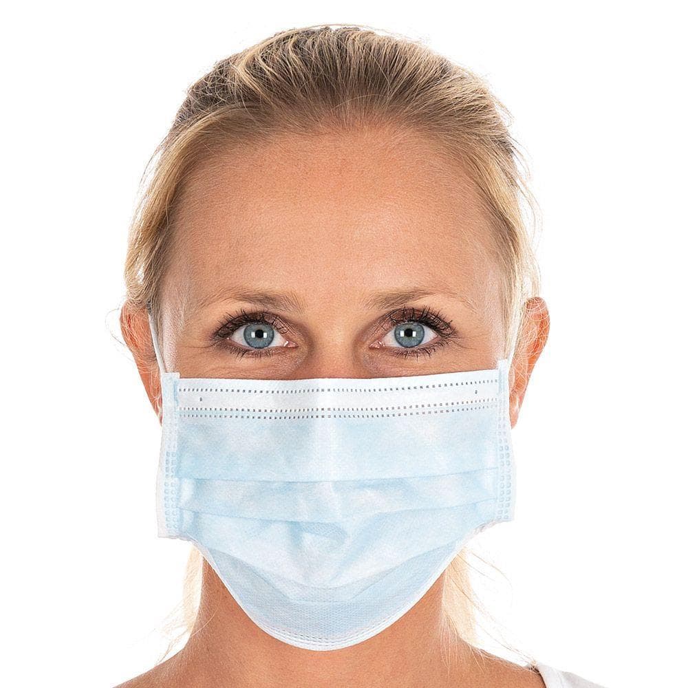 Masques de protection à 3 couches, bleus de type IIR, en non-tissé de polypropylène, sans latex.