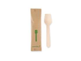 Cuillère à glace en bois de bouleau FSC® 100%, longueur 95 mm, vendue individuellement dans un sac en papier.
