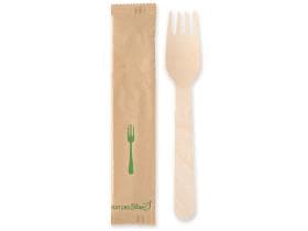 Forchetta in legno di betulla biologico, lunghezza 16 cm, confezionata singolarmente in carta kraft,
