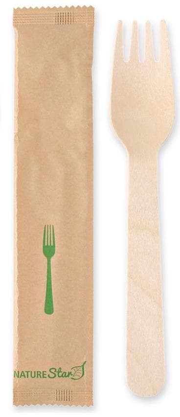 Forchetta in legno di betulla biologico, lunghezza 16 cm, confezionata singolarmente in carta kraft,