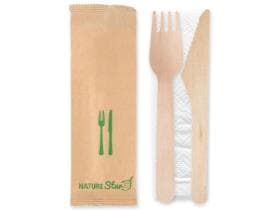 Set di posate biodegradabili composto da coltello e forchetta (in legno di betulla),