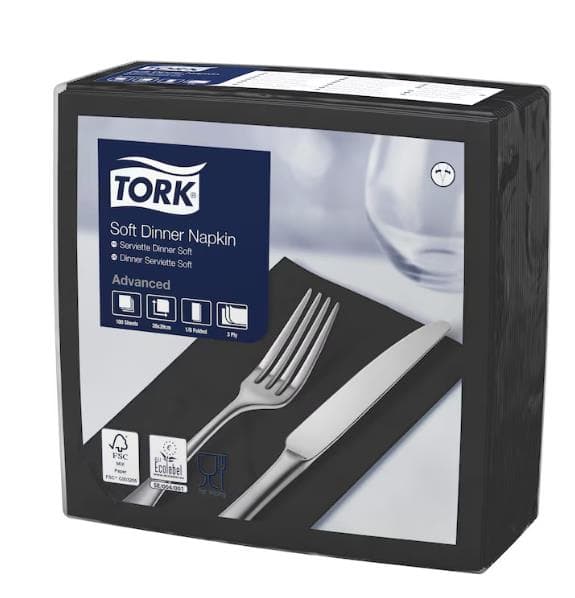 Tovaglioli per cene Tork Soft, Advanced, 39 x 39 cm, 3 strati di tessuto nero.