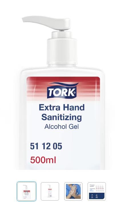 Gel désinfectant pour les mains Tork (S4), flacon de 500 ml, incolore, avec distributeur à pression.