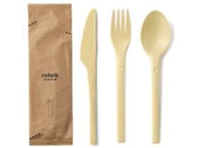 Set di posate in legno di scarto 4/1, coltello, forchetta, cucchiaio e tovagliolo beige