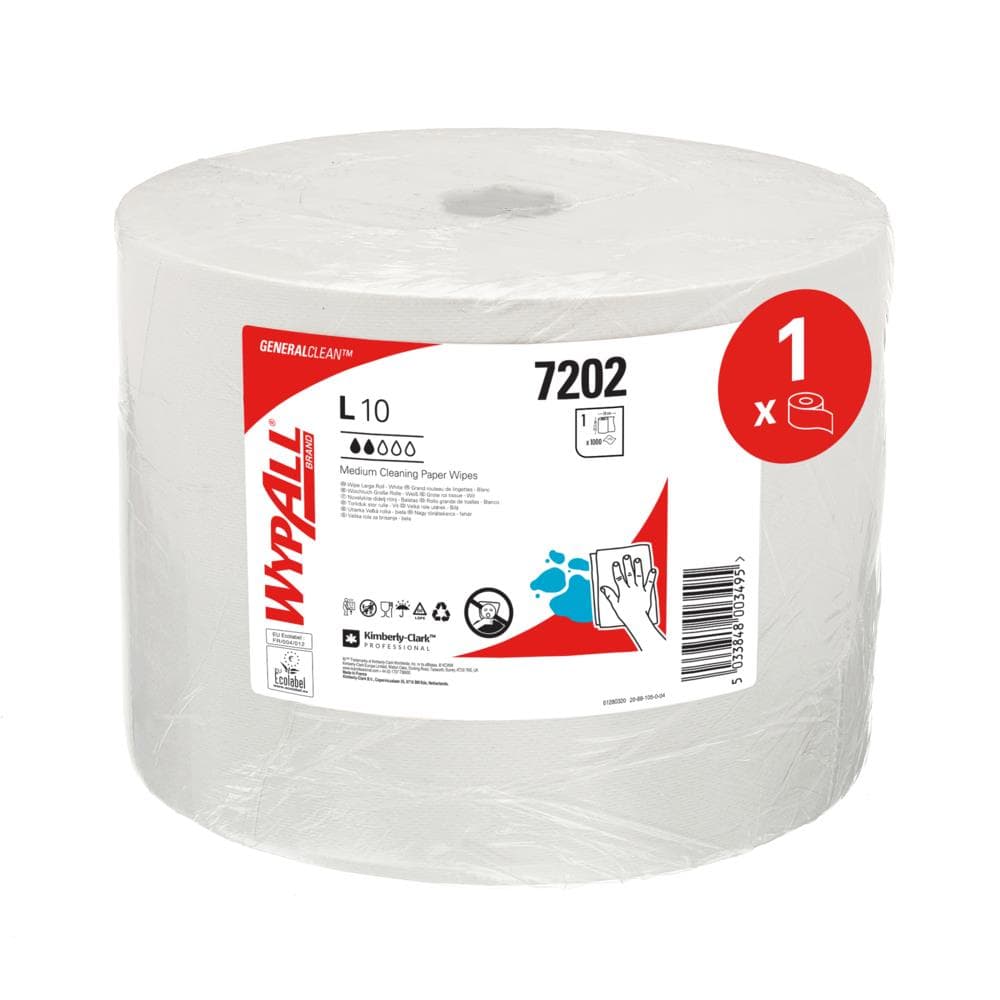 Rouleaux d'essuie-tout Wypall L10 blancs 1 pli 23,5 x 38 cm, perforés, 1000 lingettes.
