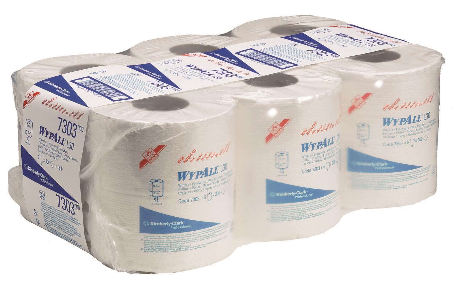 Rouleaux de chiffons de nettoyage Wypall L20 blancs 2 plis 20,5 x 38 cm, perforés, 300 chiffons