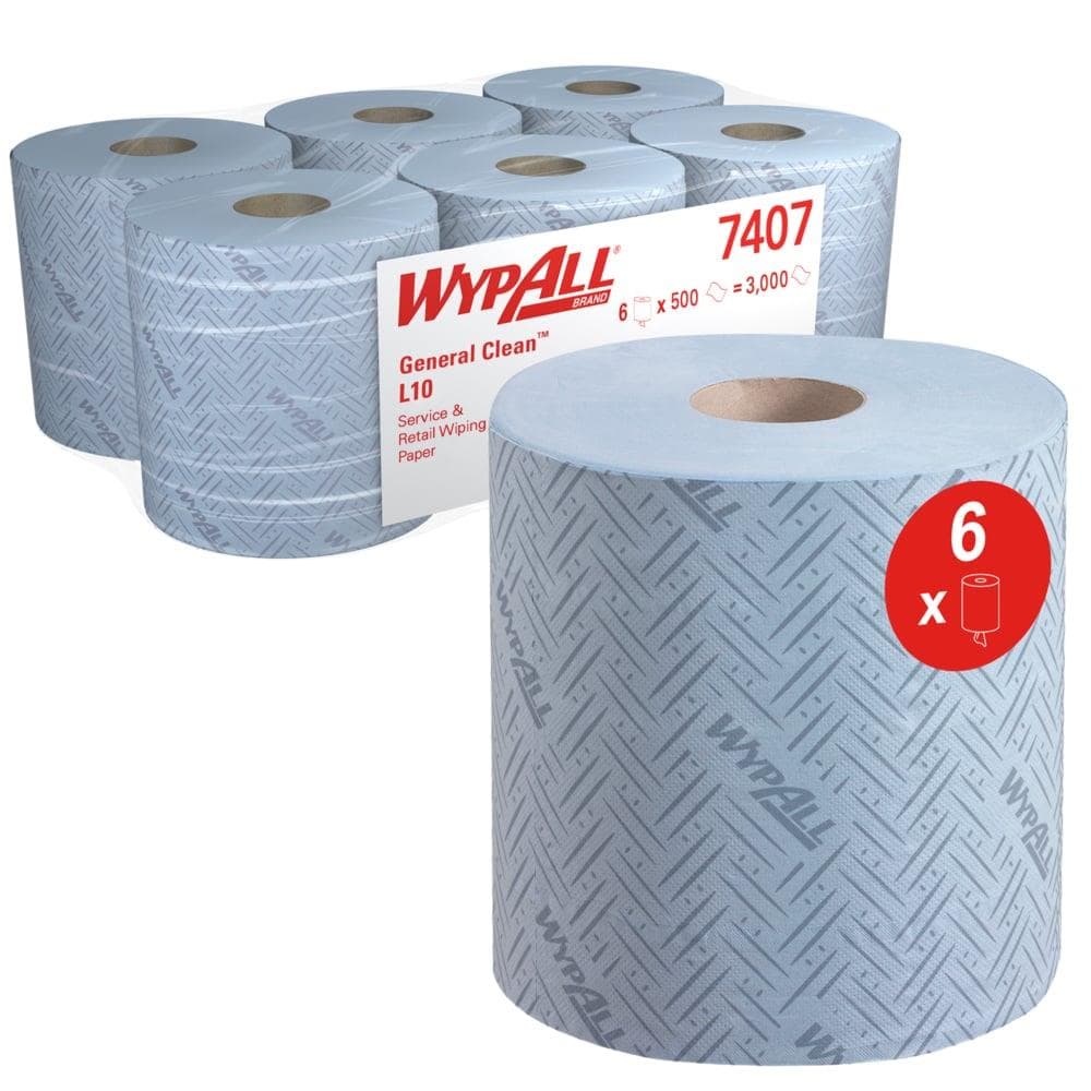 Rouleaux d'essuie-tout Wypall L10 bleus 1 pli 18,3 x 38 cm, 100% ouate de cellulose, 500 lingettes